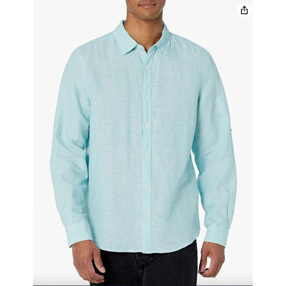 Perry Ellis Men's Roll Sleeve Linen Cotton Button-Down Shirt Aqua Sea Size XXL - Picture 2 of 10